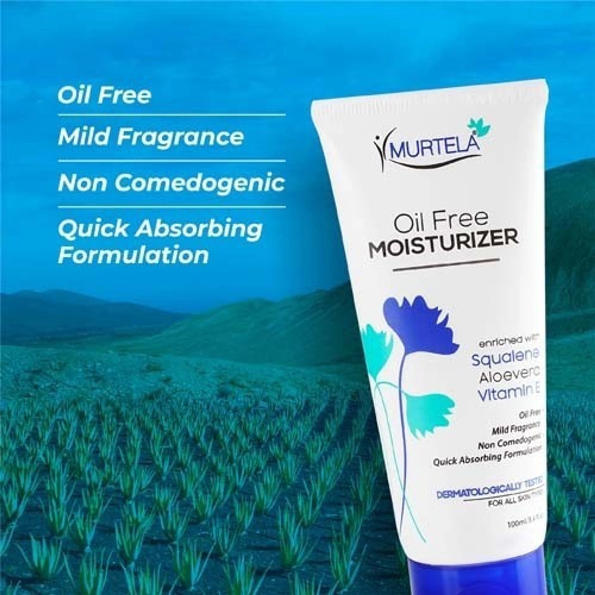 Murtela Oil Free Moisturizer | Squalene, Aloe Vera & Vitamin E Face Moisturizer for Oily & Acne-Prone Skin | Dermatologically Tested | 100ml