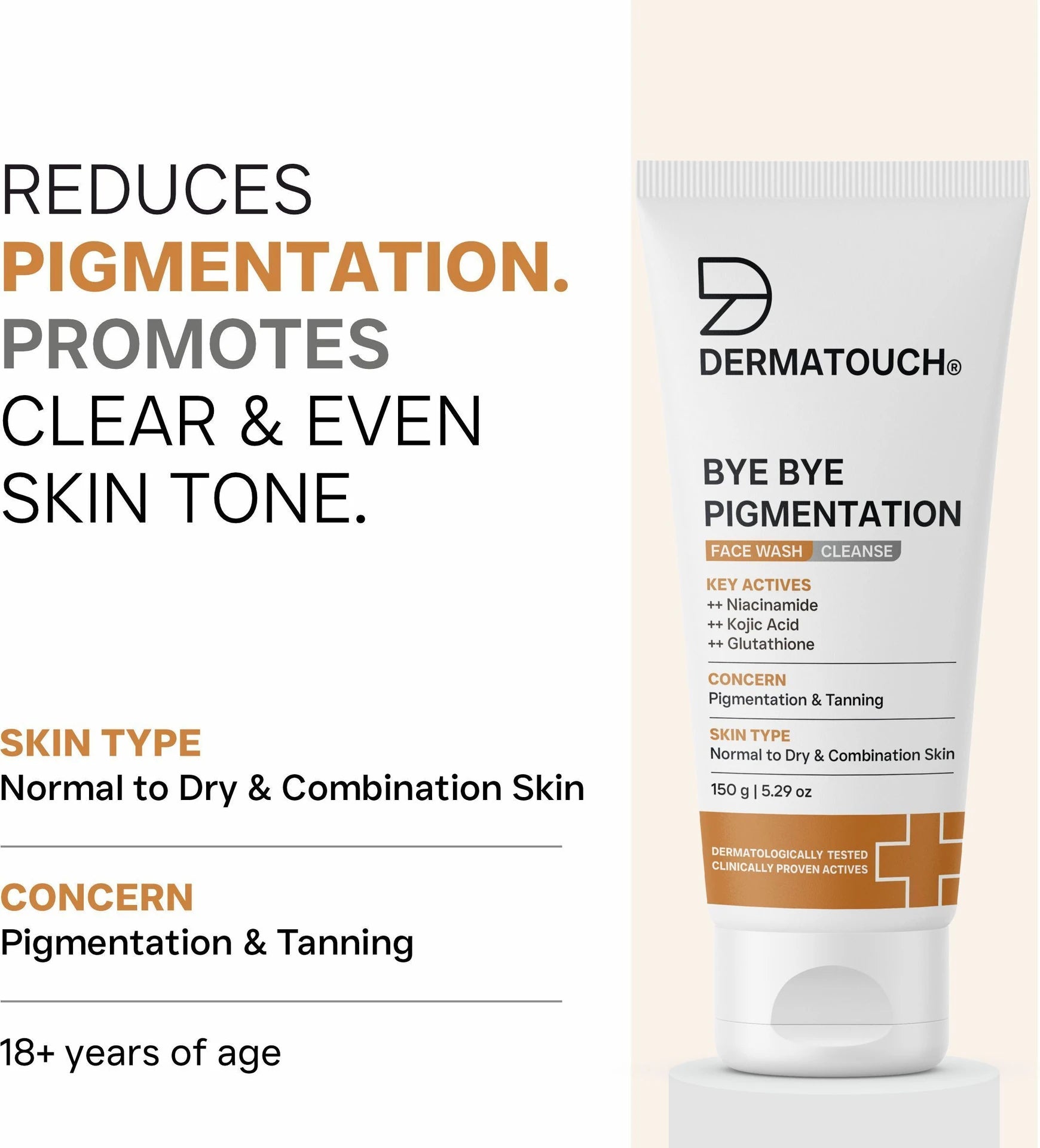 DERMATOUCH Bye Bye Pigmentation Face Wash | Niacinamide, Kojic Acid &amp; Glutathione | Brightening Cleanser for Uneven Skin Tone | 150g
