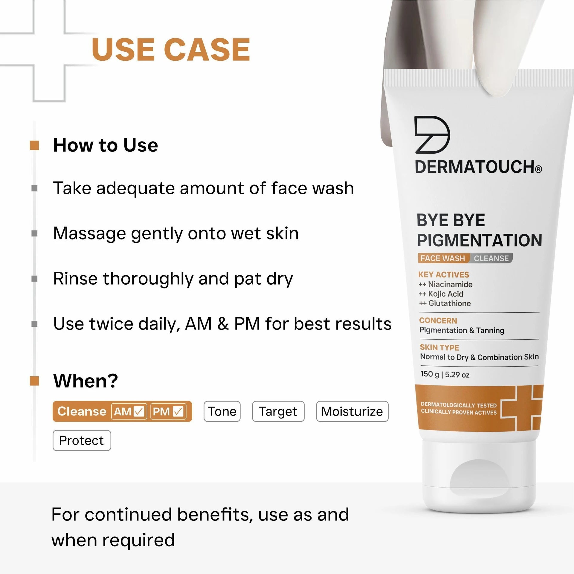 DERMATOUCH Bye Bye Pigmentation Face Wash | Niacinamide, Kojic Acid &amp; Glutathione | Brightening Cleanser for Uneven Skin Tone | 150g