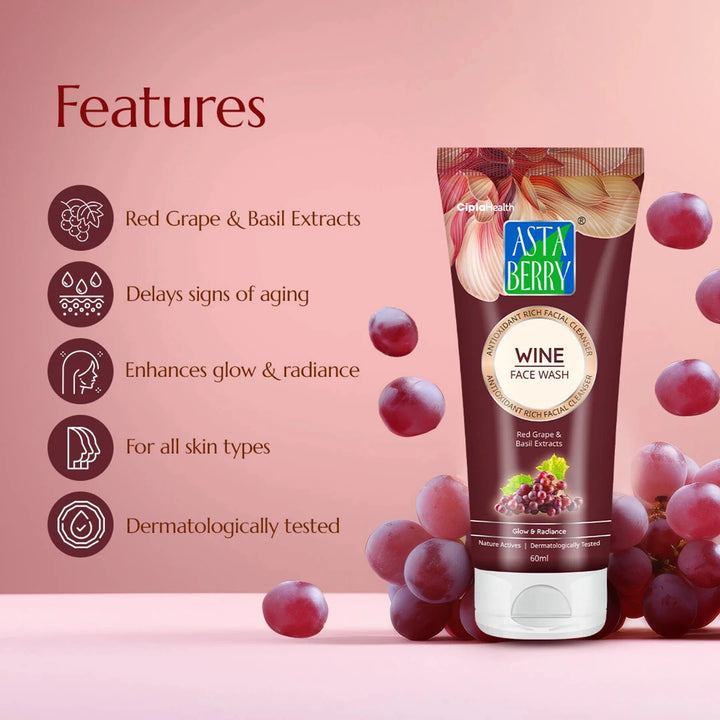 Astaberry Wine Face Wash for helps in cleansing and moisturization of the skin - providing glow and radiance | exerts a powerful antioxidant effect to help delay ageing