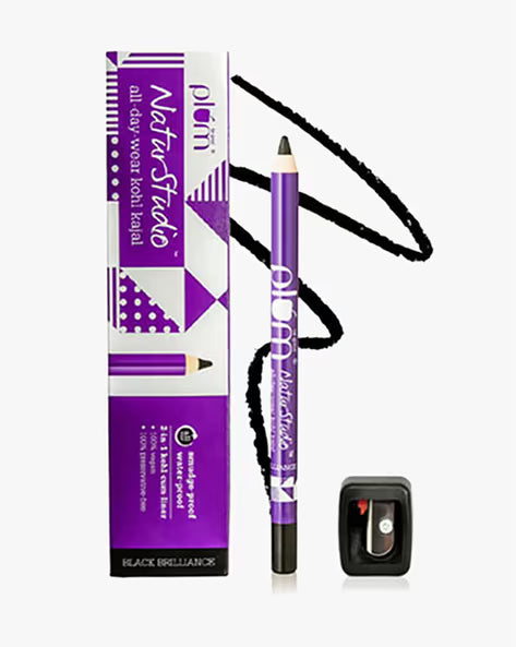 Plum NaturStudio All-Day-Wear Kohl Kajal Black - Waterproof, Vegan, 1.2 g (Get Free Sharpener Inside)