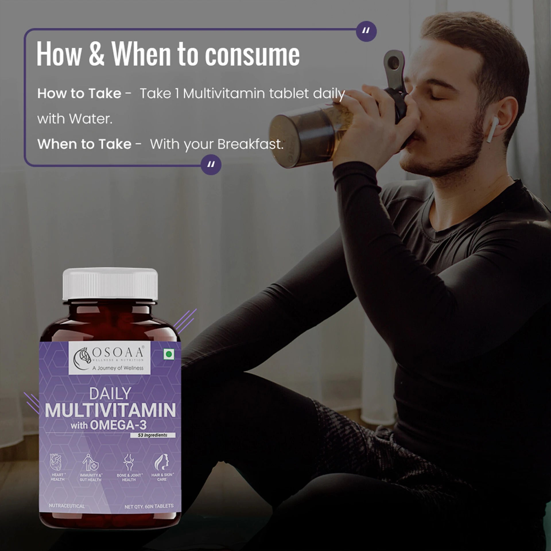 OSOAA Daily Multivitamin with vegetarian Omega 3, 53 Ingredients (60 Capsules)