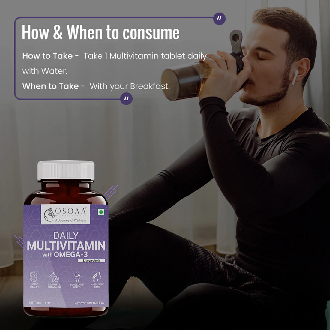 OSOAA Daily Multivitamin with vegetarian Omega 3, 53 Ingredients (60 Capsules)