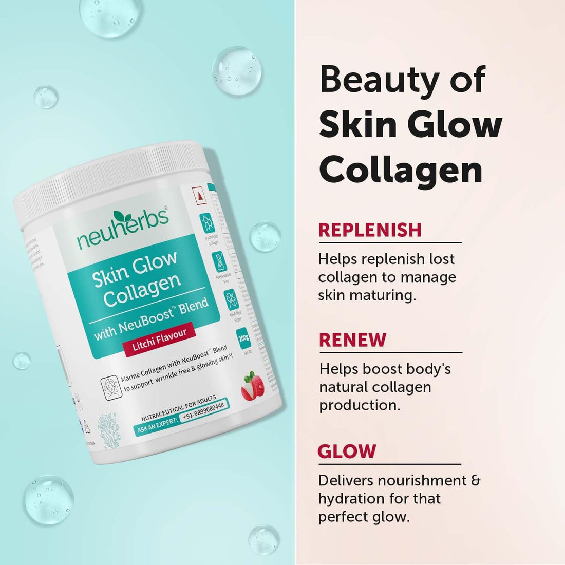 Neuherbs Marine Collagen Peptides – Litchi Flavour (200g)