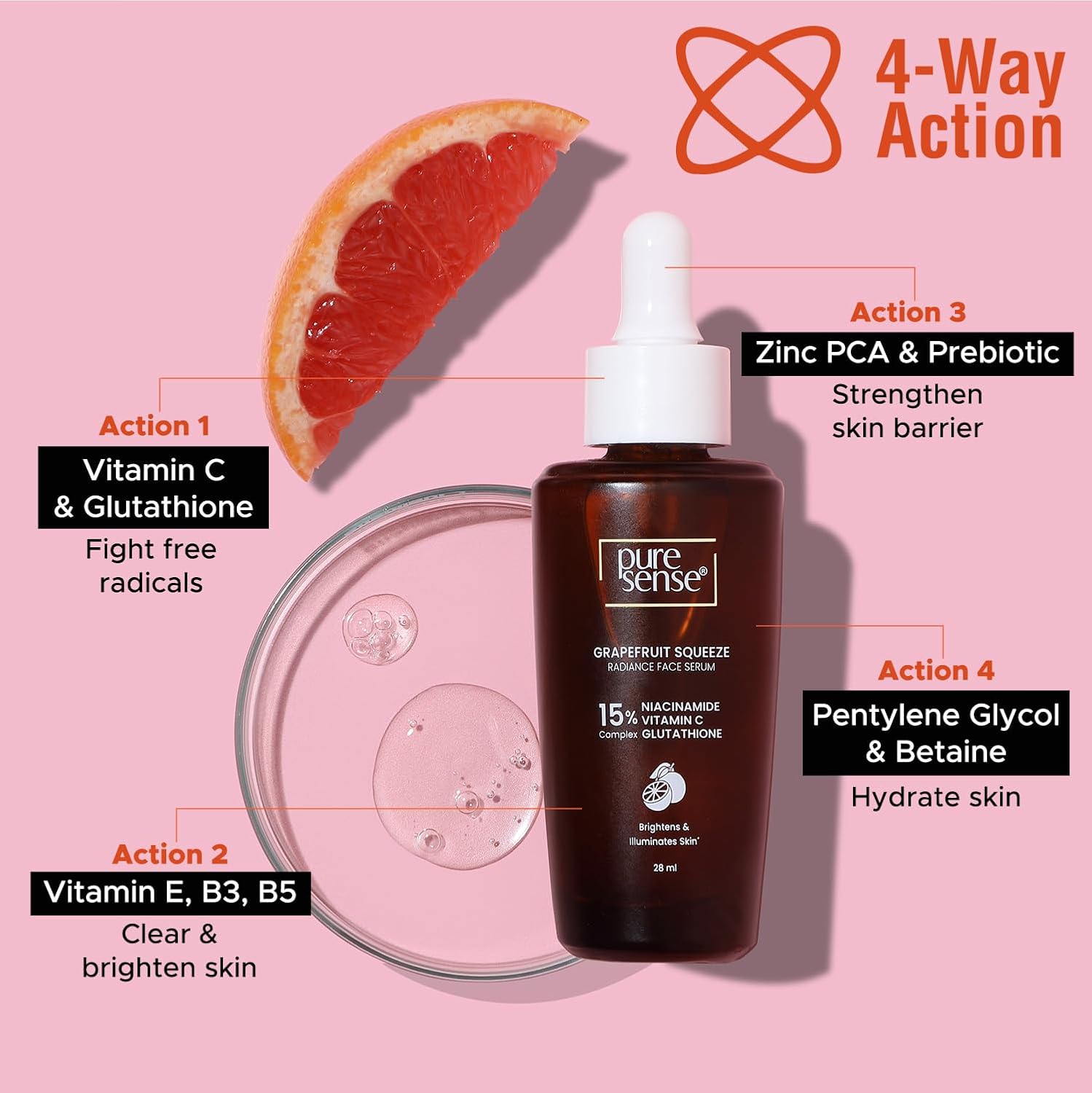 PureSense 15% Niacinamide, Vitamin C & Glutathione Radiant Face Serum with Grapefruit | 28ml