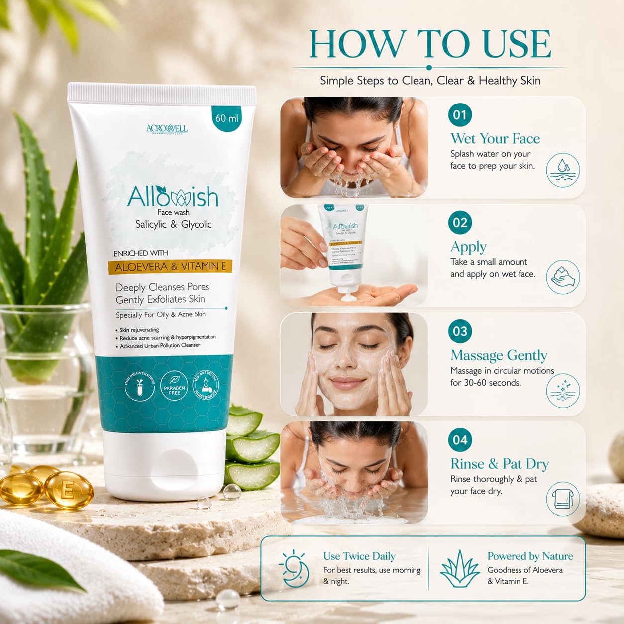 ALLOWISH Face Wash by Acrowell | Salicylic & Glycolic Acid Face Wash for Acne, Pimples & Oily Skin | 60ml