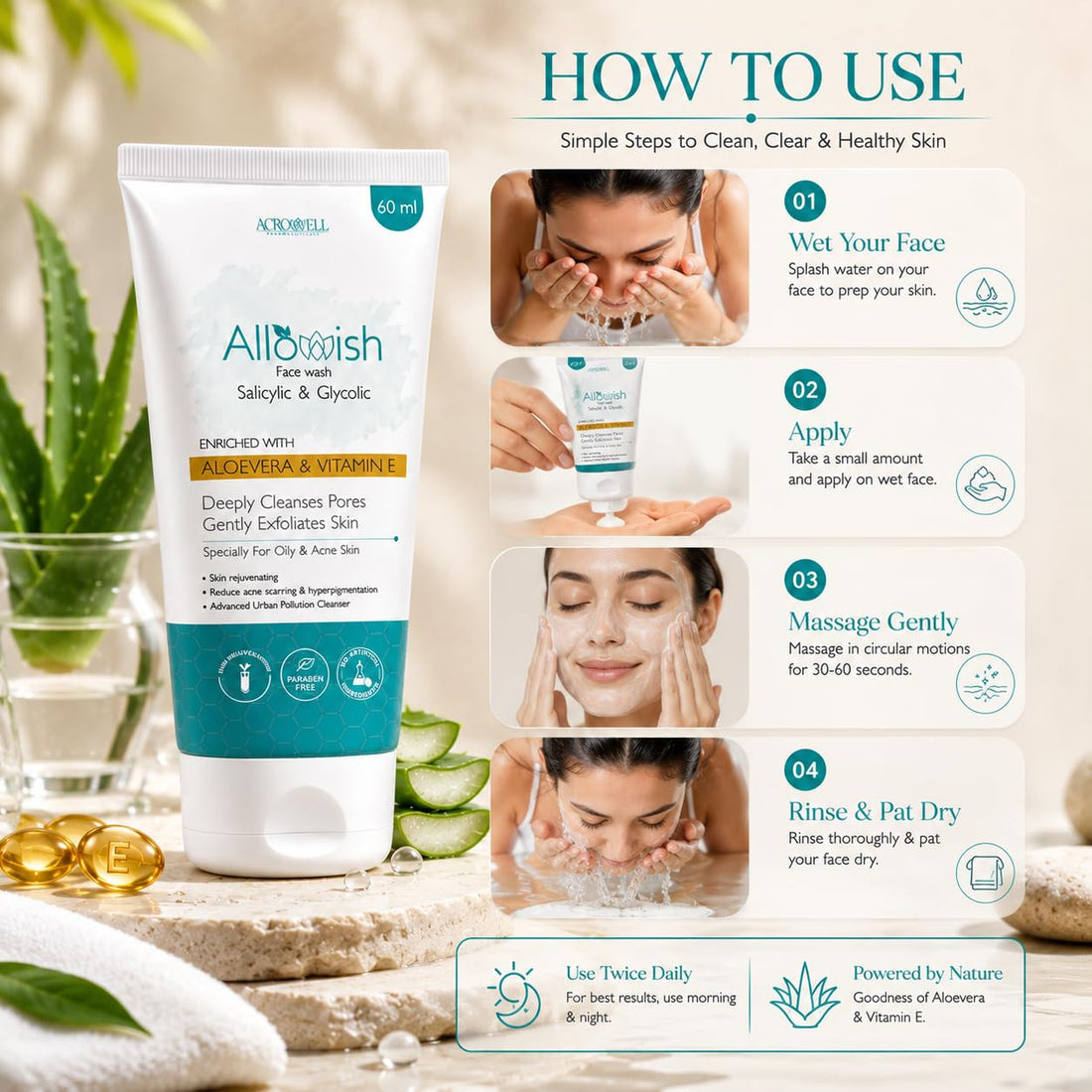 ALLOWISH Face Wash by Acrowell | Salicylic & Glycolic Acid Face Wash for Acne, Pimples & Oily Skin | 60ml