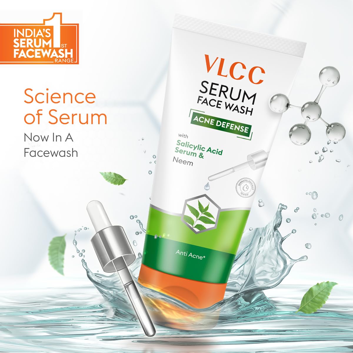 VLCC Serum Facewash - 50ml | with Salicylic Acid Serum to Unclog Pores & Neem to Prevent Acne | Dermatologically Tested | Kills 99% germs that cause acne