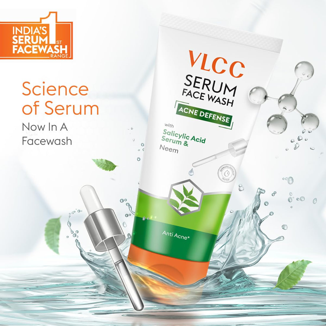 VLCC Serum Facewash - 50ml | with Salicylic Acid Serum to Unclog Pores & Neem to Prevent Acne | Dermatologically Tested | Kills 99% germs that cause acne