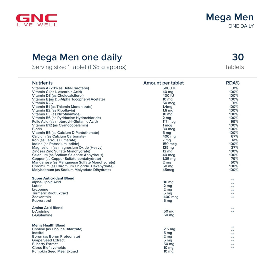 GNC Mega Men One Daily Multivitamin for Men (30 Tablets)