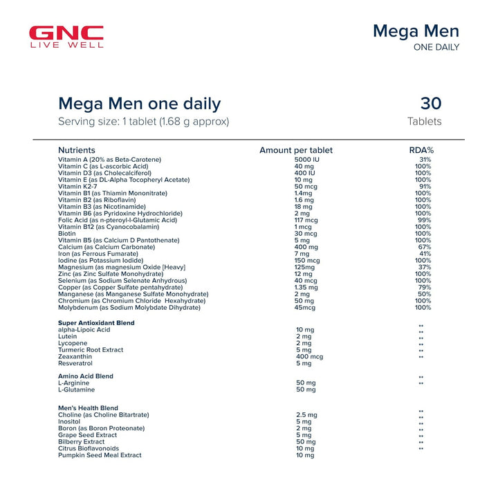 GNC Mega Men One Daily Multivitamin for Men (30 Tablets)