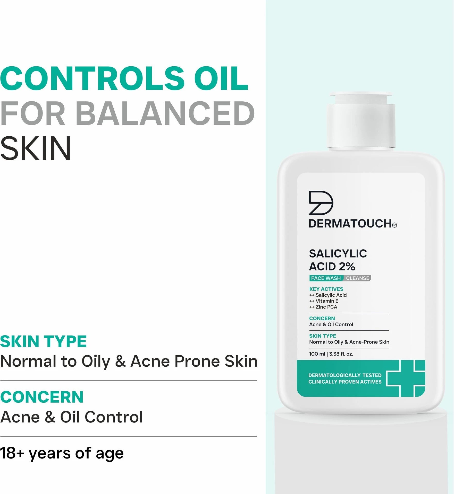 DERMATOUCH Salicylic Acid 2% Face Wash | Acne & Oil Control Cleanser for Oily & Acne-Prone Skin | 100ml
