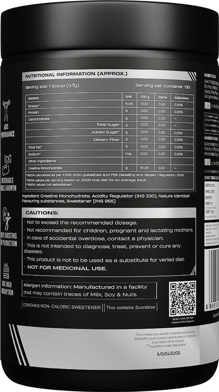 BeastLife Creatine Monohydrate | 166 Servings | Micronised Creatine| NABL Lab Tested Creatine