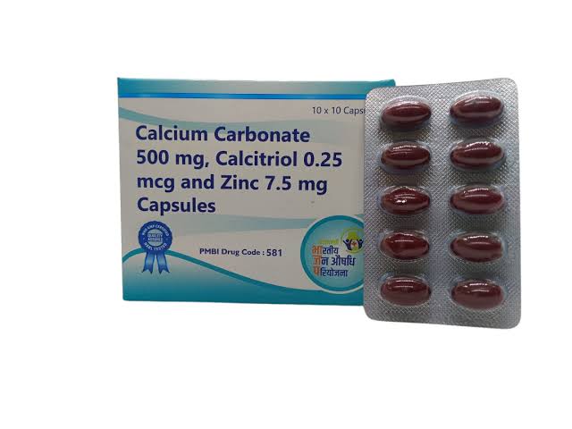 JAN AUSHADHI Calcium Carbonate 500mg + Calcitriol 0.25mcg + Zinc 7.5mg Soft Gel Capsules | Bone & Calcium Support