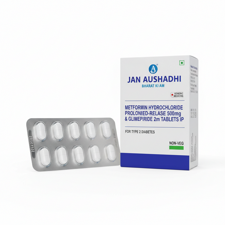 Jan Aushadhi Metformin Hydrochloride Prolonged-Release 500mg & Glimepiride 2mg Tablets IP | Prescription Medicine for Type 2 Diabetes | 10 Tablets