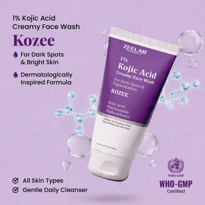 ZEELAB Kozee Kojic Acid 1% Face Wash | Niacinamide, Alpha Arbutin & Vitamin E | Skin Brightening & Anti-Pigmentation | 100ml