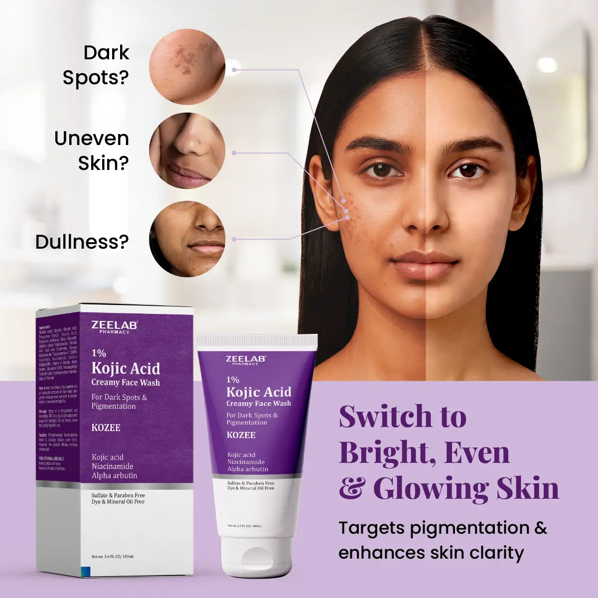 **ZEELAB Kozee Kojic Acid 1% Face Wash | Niacinamide, Alpha Arbutin & Vitamin E | Skin Brightening & Anti-Pigmentation | 100ml**