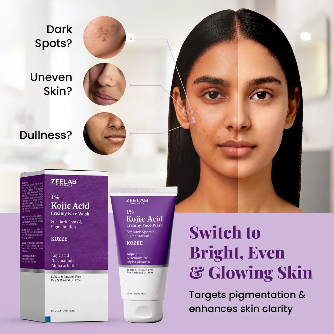 **ZEELAB Kozee Kojic Acid 1% Face Wash | Niacinamide, Alpha Arbutin & Vitamin E | Skin Brightening & Anti-Pigmentation | 100ml**
