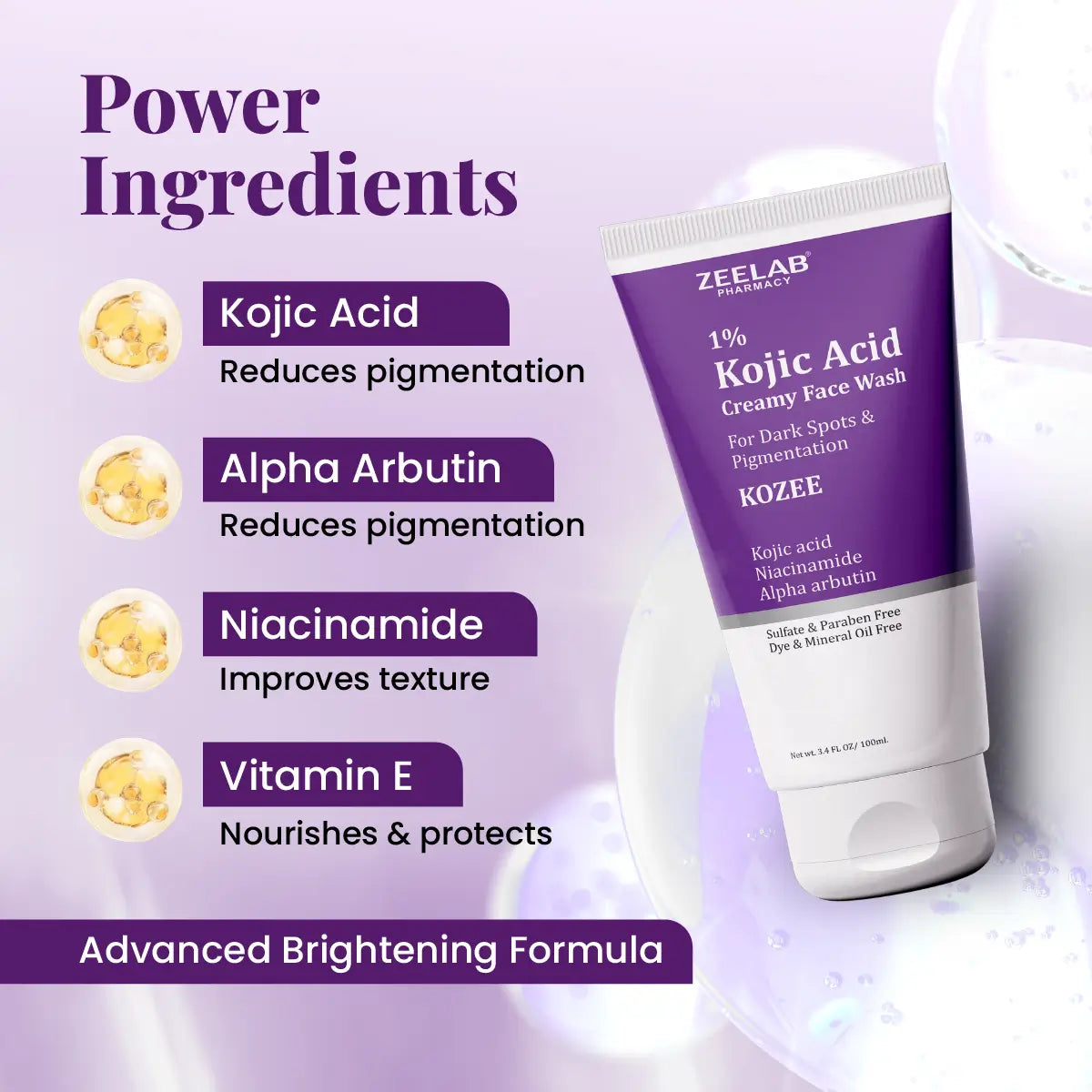 **ZEELAB Kozee Kojic Acid 1% Face Wash | Niacinamide, Alpha Arbutin & Vitamin E | Skin Brightening & Anti-Pigmentation | 100ml**