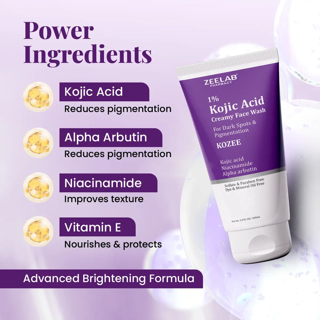 **ZEELAB Kozee Kojic Acid 1% Face Wash | Niacinamide, Alpha Arbutin & Vitamin E | Skin Brightening & Anti-Pigmentation | 100ml**