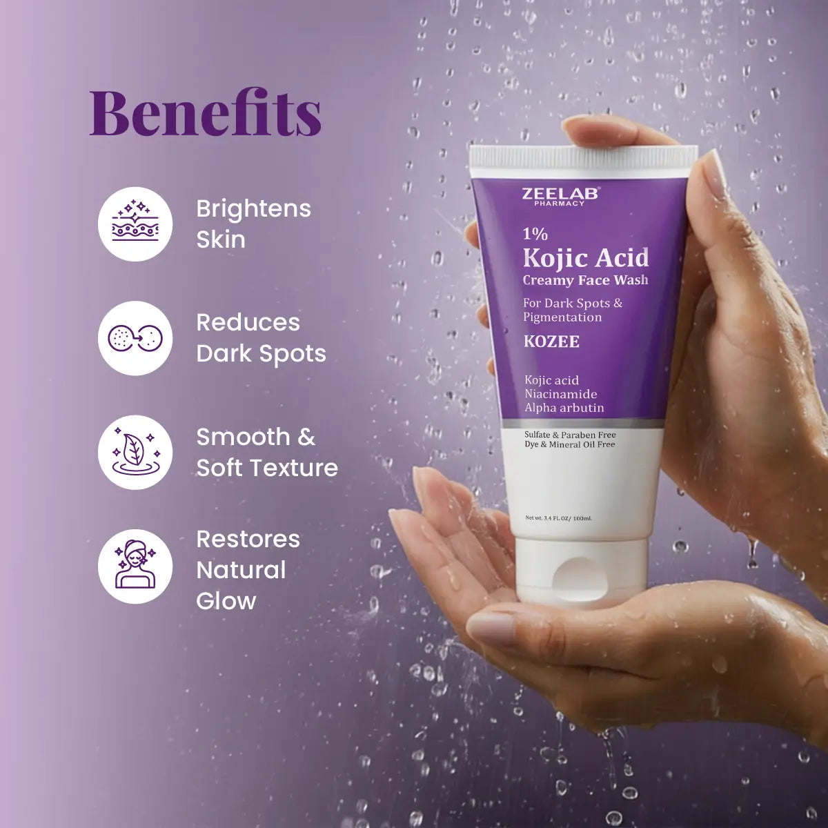 **ZEELAB Kozee Kojic Acid 1% Face Wash | Niacinamide, Alpha Arbutin & Vitamin E | Skin Brightening & Anti-Pigmentation | 100ml**