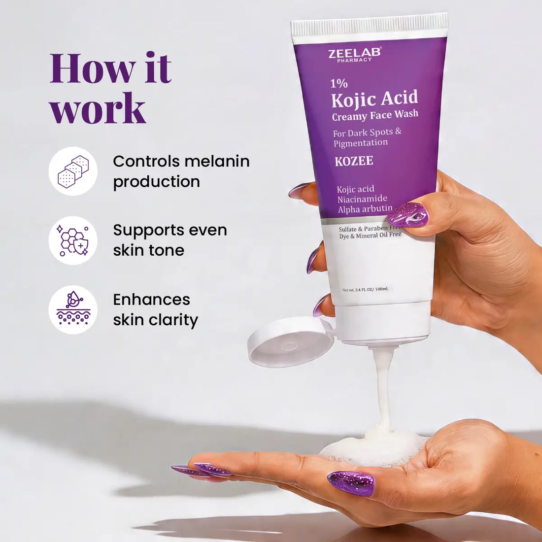 **ZEELAB Kozee Kojic Acid 1% Face Wash | Niacinamide, Alpha Arbutin & Vitamin E | Skin Brightening & Anti-Pigmentation | 100ml**
