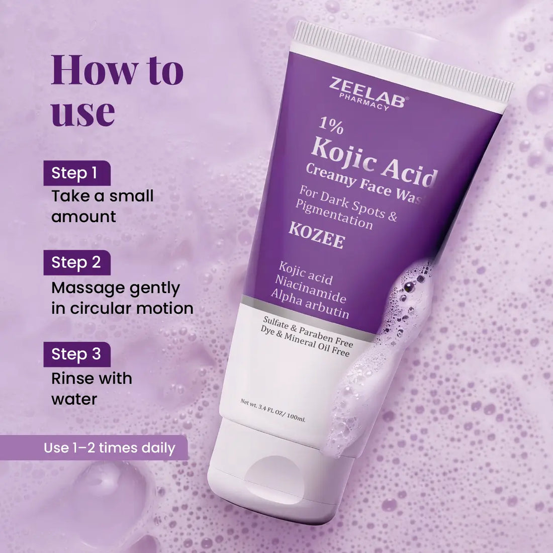 **ZEELAB Kozee Kojic Acid 1% Face Wash | Niacinamide, Alpha Arbutin & Vitamin E | Skin Brightening & Anti-Pigmentation | 100ml**
