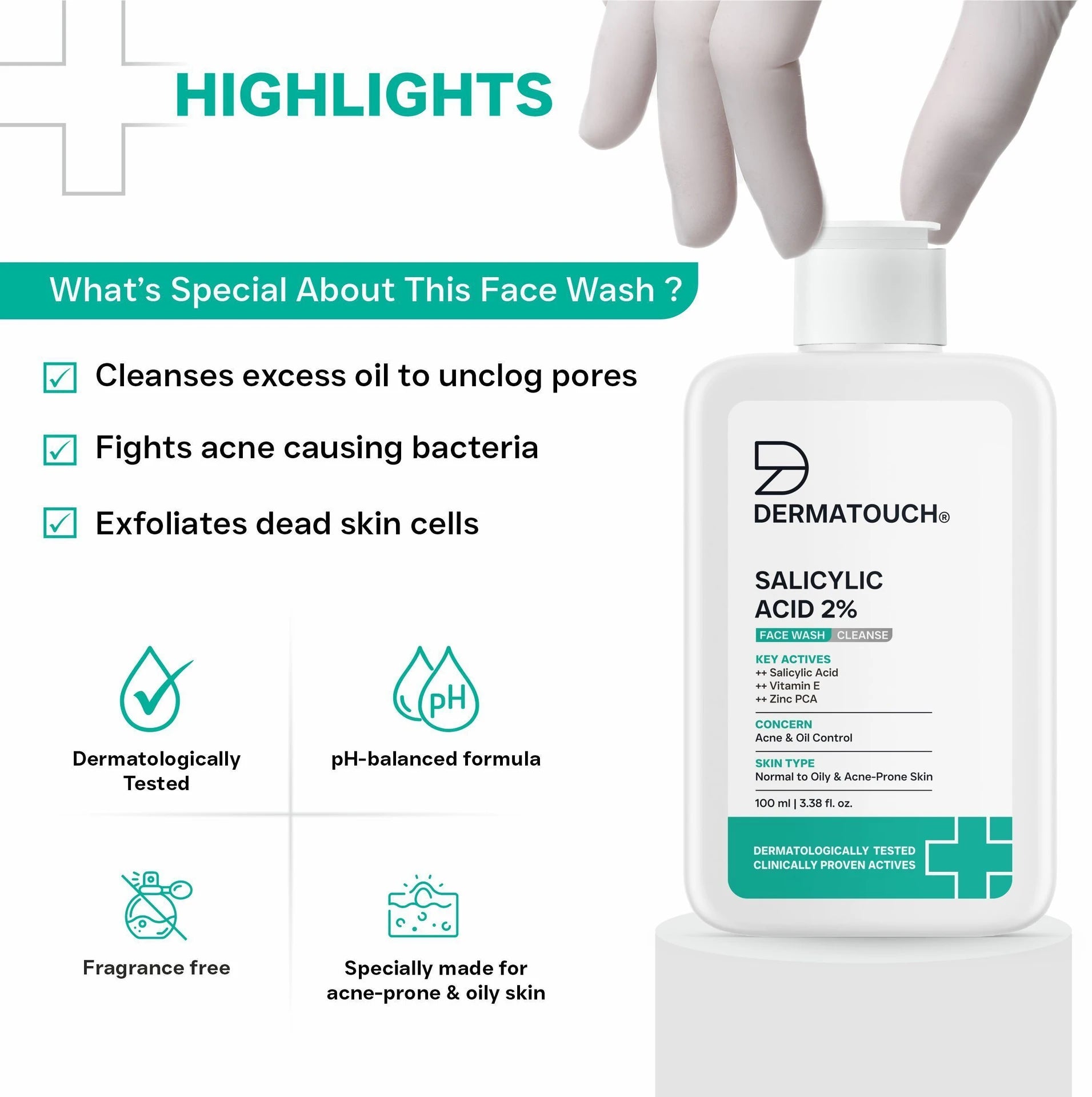 DERMATOUCH Salicylic Acid 2% Face Wash | Acne & Oil Control Cleanser for Oily & Acne-Prone Skin | 100ml