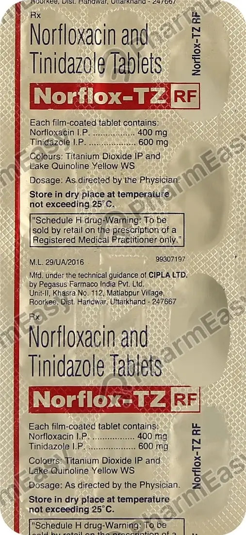 Norfloxacin 400mg and Tinidazole 600mg Tablets