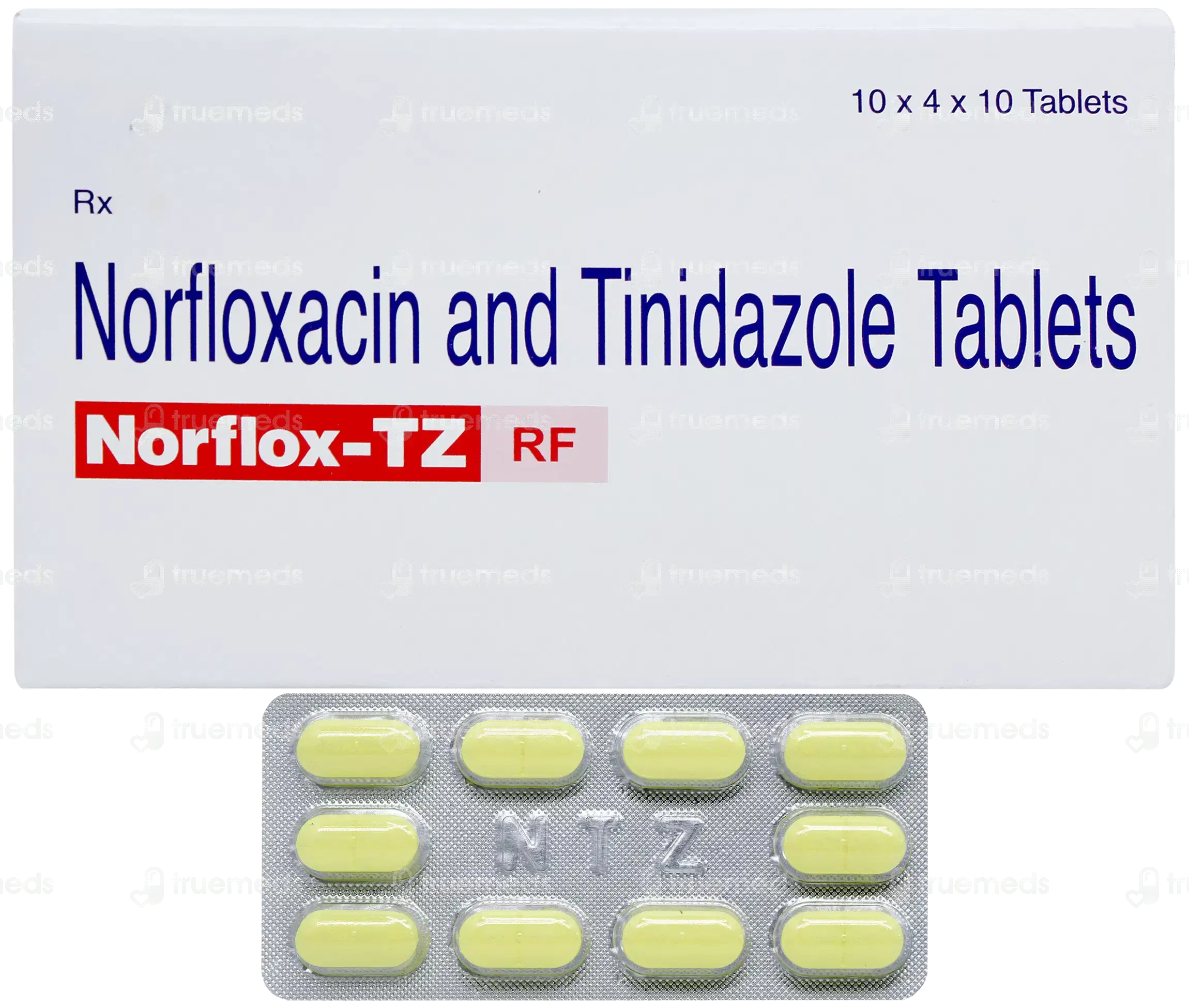 Norfloxacin 400mg and Tinidazole 600mg Tablets in a strip of 10 tablets, packaged for effective antibiotic treatment.