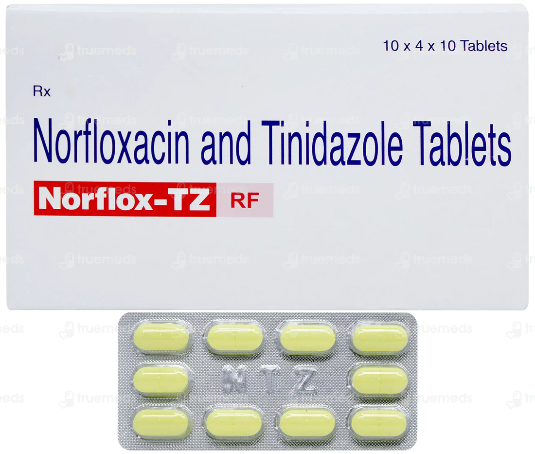 Norfloxacin 400mg and Tinidazole 600mg Tablets in a strip of 10 tablets, packaged for effective antibiotic treatment.