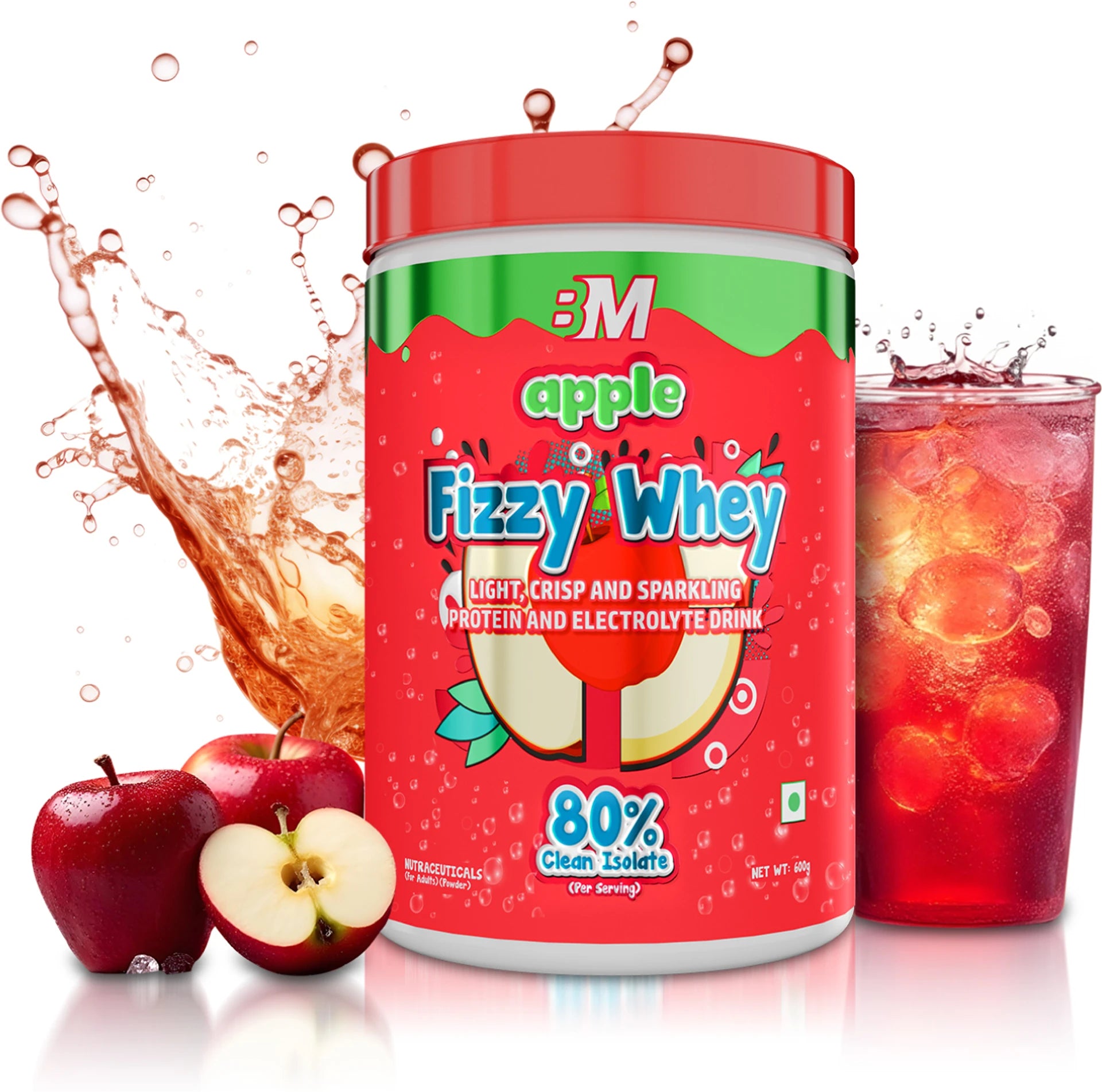 BIG MUSCLE Fizzy Whey Clear Whey Protein Isolate + Electrolytes | 80% Protein | 0g Lactose | 0 Added Sugar | Apple | 600g | Sports Nutrition Supplement