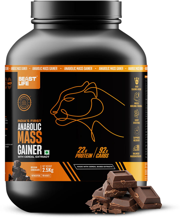 BeastLife High Rich Protein Gainer | No Maltodextrin | Anabolic Mass Gainer with Ultrasorb Tech | 2.5kg | Belgian Chocolate & Strawberry Banana