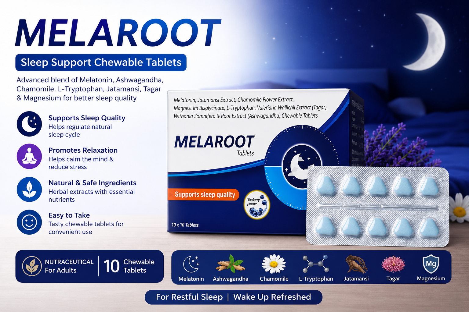 MELAROOT Sleep Support Chewable Tablets | Melatonin, Ashwagandha, L-Tryptophan, Chamomile & Magnesium | 10 Tablets