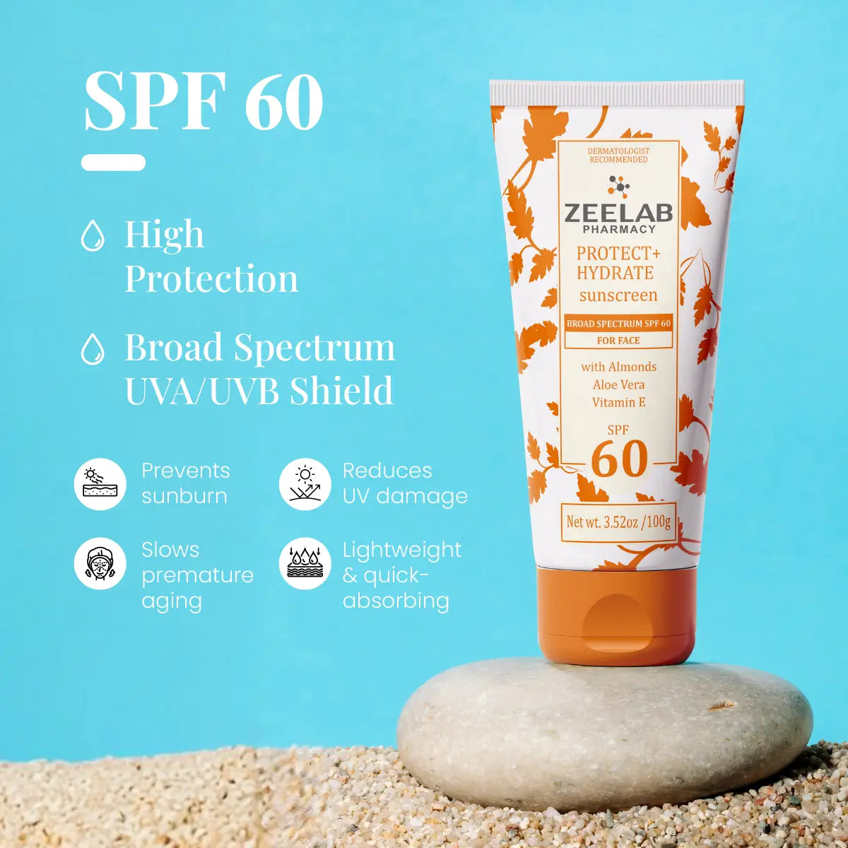 ZEELAB Sunscreen Lotion Protect + Hydrate SPF 60 | Broad Spectrum UVA/UVB Protection with Hydrating Formula | 100g