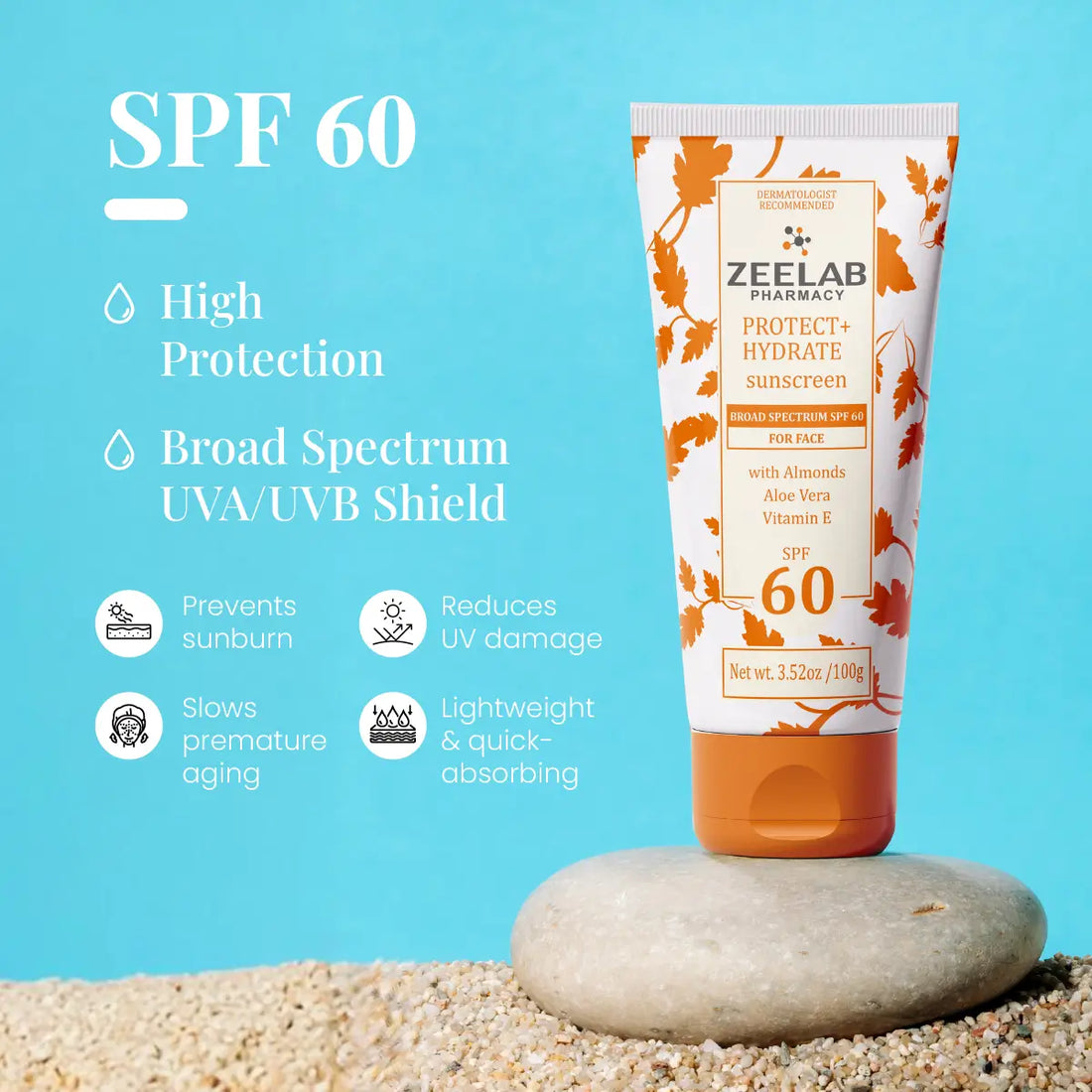ZEELAB Sunscreen Lotion Protect + Hydrate SPF 60 | Broad Spectrum UVA/UVB Protection with Hydrating Formula | 100g