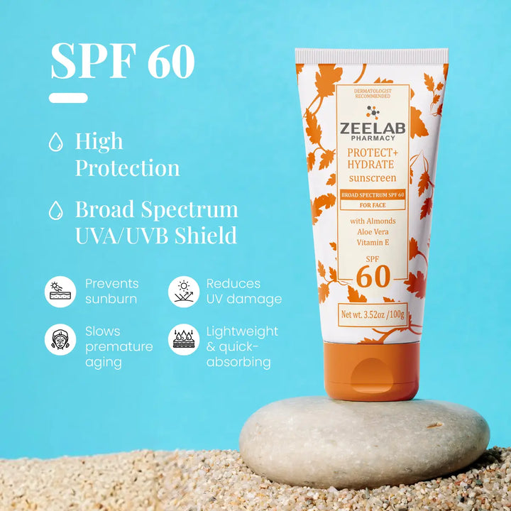 ZEELAB Sunscreen Lotion Protect + Hydrate SPF 60 | Broad Spectrum UVA/UVB Protection with Hydrating Formula | 100g