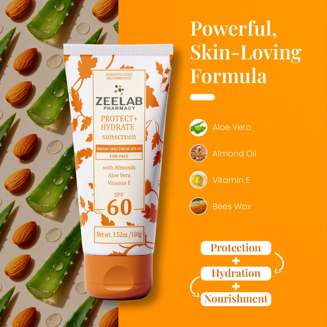 ZEELAB Sunscreen Lotion Protect + Hydrate SPF 60 | Broad Spectrum UVA/UVB Protection with Hydrating Formula | 100g