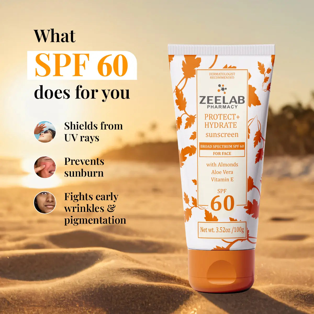 ZEELAB Sunscreen Lotion Protect + Hydrate SPF 60 | Broad Spectrum UVA/UVB Protection with Hydrating Formula | 100g