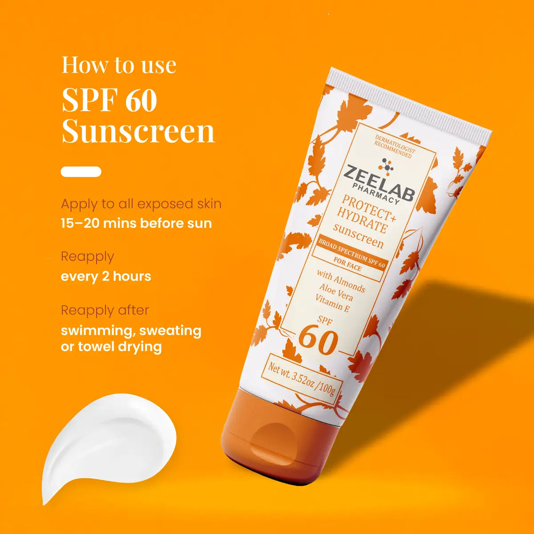 ZEELAB Sunscreen Lotion Protect + Hydrate SPF 60 | Broad Spectrum UVA/UVB Protection with Hydrating Formula | 100g