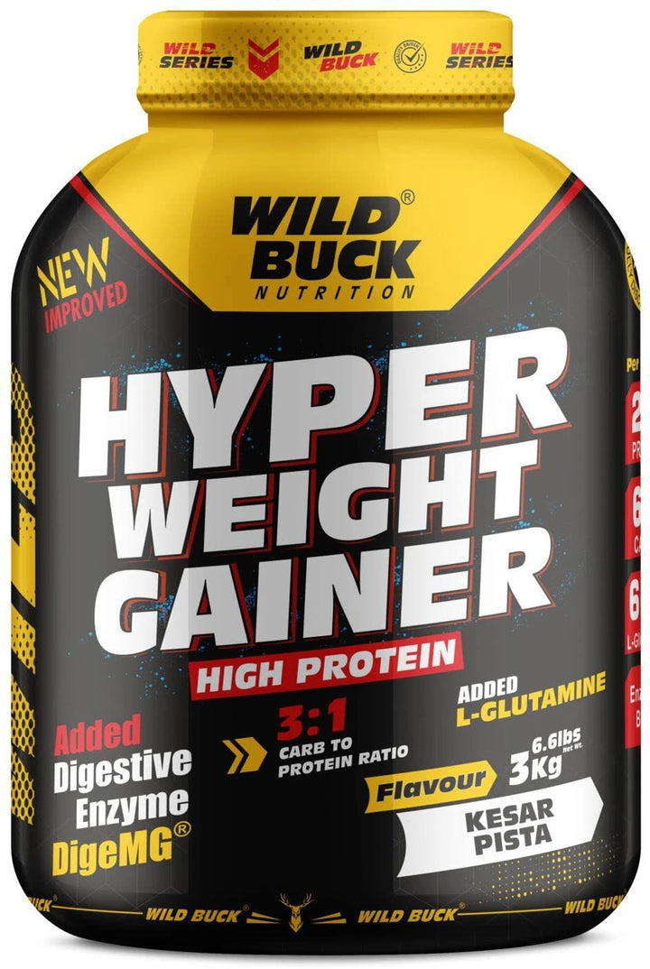 WILD BUCK Hyper Weight Gainer | High Protein Mass Gainer with L-Glutamine & Digestive Enzymes | 1kg & 3kg | Muscle Mass & Weight Gain Supplement | 75 Servings