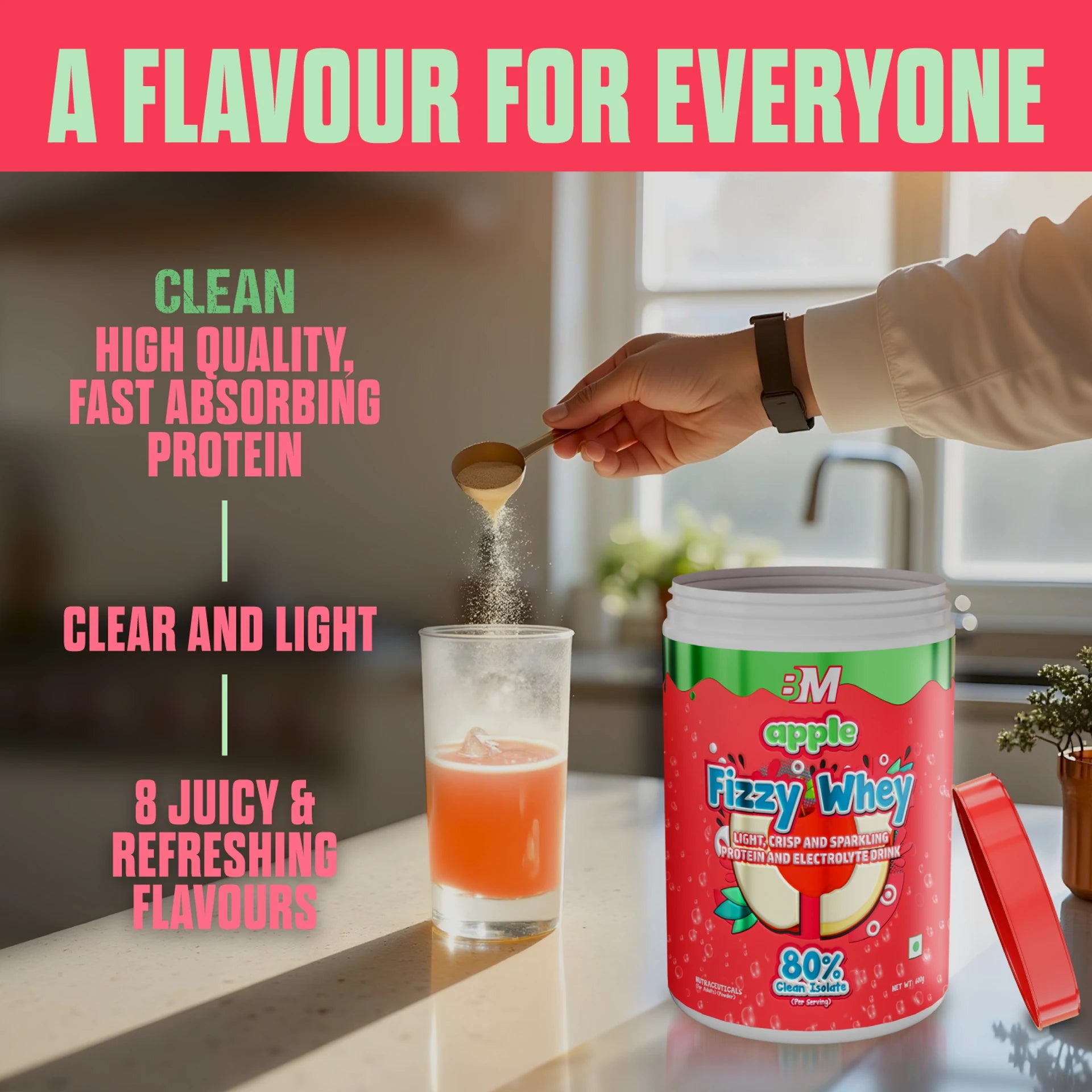 BIG MUSCLE Fizzy Whey Clear Whey Protein Isolate + Electrolytes | 80% Protein | 0g Lactose | 0 Added Sugar | Apple | 600g | Sports Nutrition Supplement