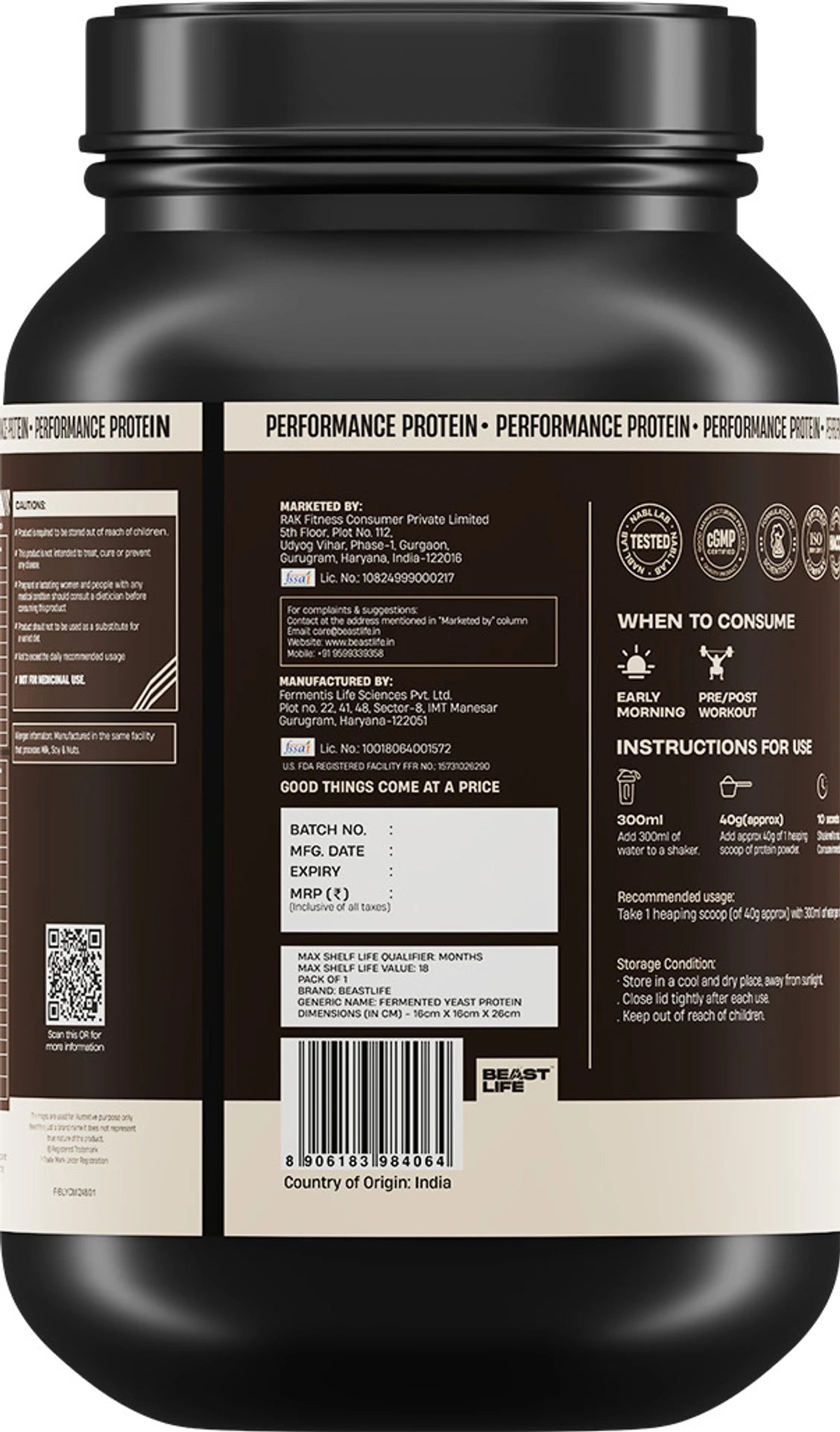 BeastLife Performance Protein Powder | Chocolate Flavor | 1kg & 2kg | 25g Protein & 5.64g BCAA Per Serving | Zero Added Sugar | Whey Protein Supplement | Special Offer ₹1499 & ₹2950
