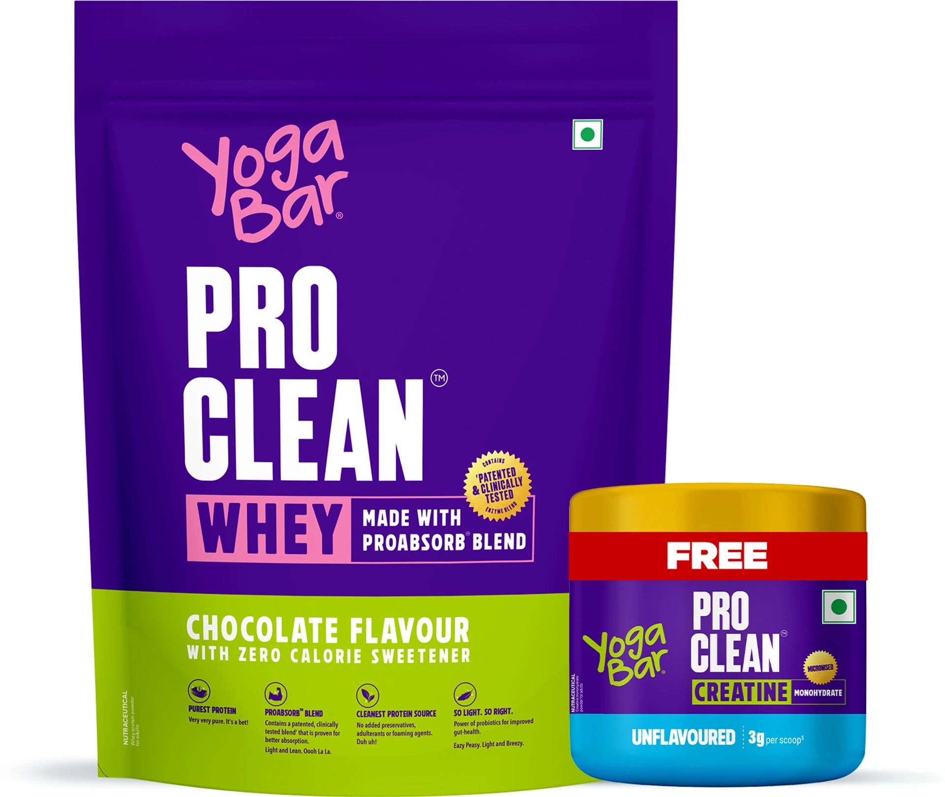 Yogabar Pro Clean Whey Protein 1kg – Chocolate with 0 Calorie Sweetener + Free Creatine 100g (Unflavoured Monohydrate)