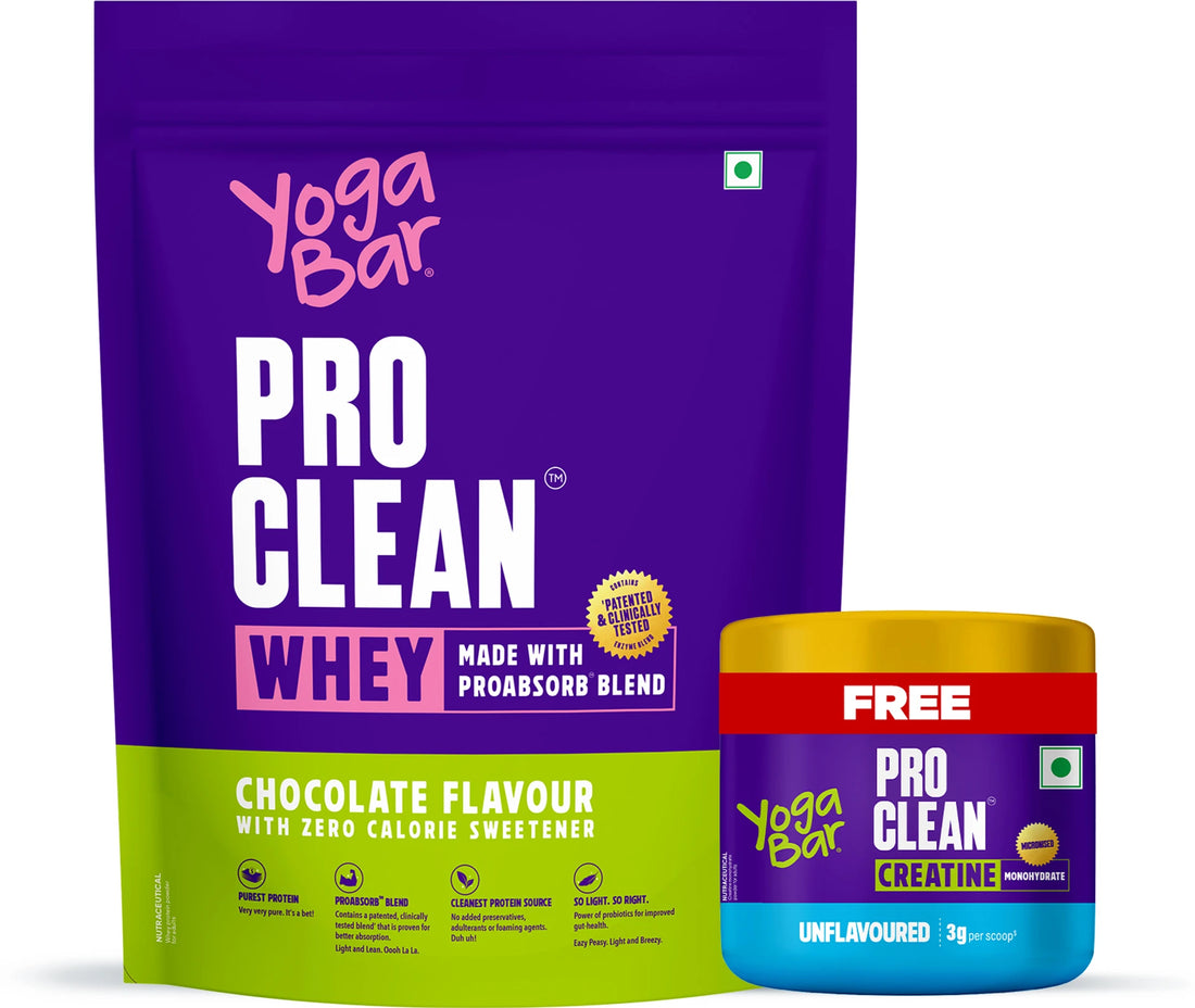 Yogabar Pro Clean Whey Protein 1kg – Chocolate with 0 Calorie Sweetener + Free Creatine 100g (Unflavoured Monohydrate)