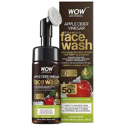 WOW Skin Science Apple Cider Vinegar Foaming Face Wash with Built-In Face Brush